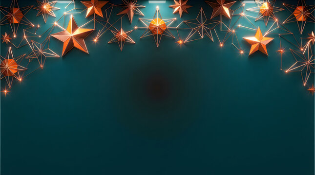 Christmas background with gold stars and hanging decorations on a dark green festive festive backdrop
