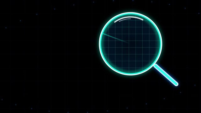 Glowing magnifying glass scans grid lines in digital motion footage