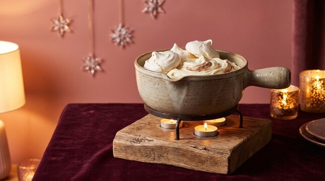 Meringues and cr&egrave;me double served in a mini ceramic caquelon on red velvet tablecloth with candle light