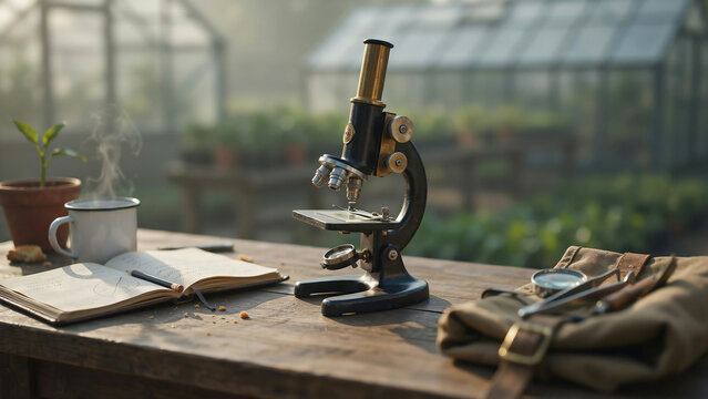 Vintage microscope and steaming mug on a table in a greenhouse setting keywords: microscope