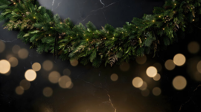 Christmas evergreen garland decorated with glowing warm fairy lights on a dark festive background