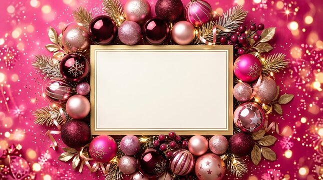 Empty rectangular frame surrounded by pink and gold christmas baubles on a shiny festive background