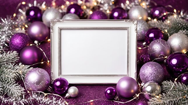 Empty picture frame surrounded by purple and silver christmas ornaments on a dark background