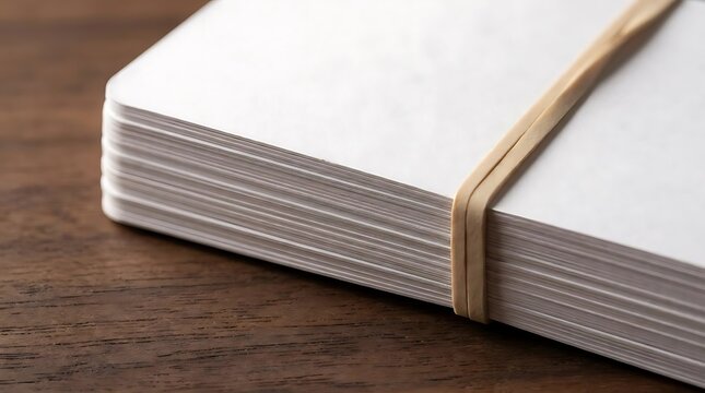 A stack of blank white index cards bound by a rubber band on a rustic wooden desk, conceptual representation for organized and prepared aca plans.
