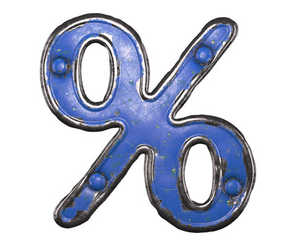 Blue scratched metal percent sign with rivets