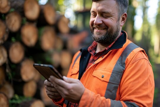 Logistics coordinator in safety clothing reviewing timber stacks with tablet in forest