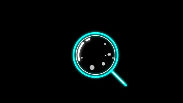 Glowing neon magnifying glass searching for digital particles in  animation