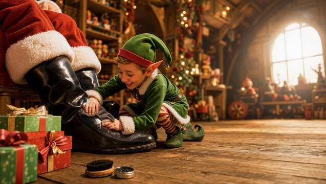 Cheerful young elf happily polishing big black boot of Santa Claus inside magical wooden workshop filled with Christmas gifts and festive atmosphere.