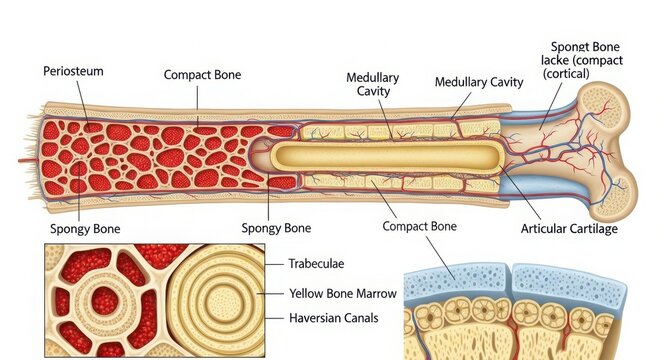Anatomical diagram of long bone structure with labels illustration