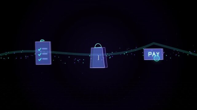 Digital illustration of a shopping process featuring a checklist, a shopping bag, and a pay button on a dark background with glowing particles