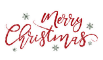 Merry Christmas festive greeting typography with halftone red lettering and green decorative snowflakes transparent background © AbstractZone