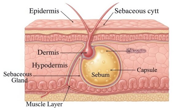 Anatomy diagram of human skin layers and sebaceous gland illustration