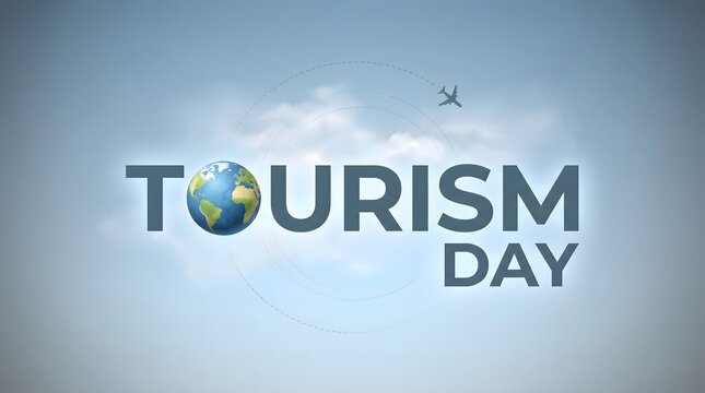World Tourism Day graphic with globe icon and airplane flying in a blue sky background