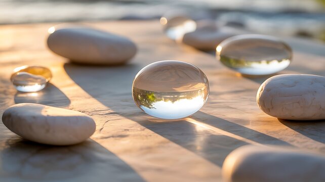 Glass spheres and smooth stones rest peacefully on a sunlit wooden surface.