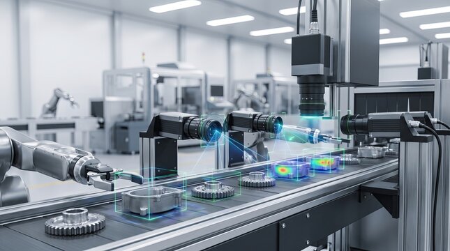 AI quality control and machine vision inspection concept with robotic arm and cameras scanning metal parts on a conveyor belt, smart manufacturing background
