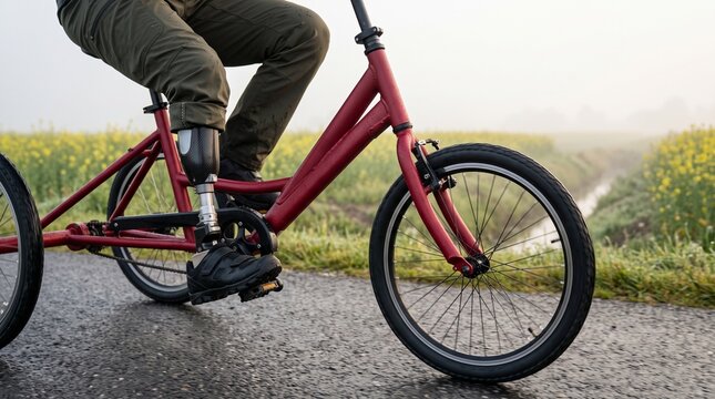Prosthetic leg pedals an adaptive tricycle at dawn