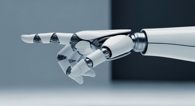 Close-up of a futuristic robotic hand pointing forward with index finger extended.