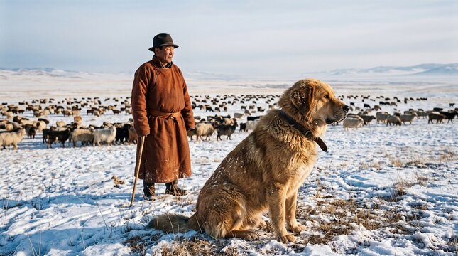 Bankhar guardian dog watches a winter flock on the steppe