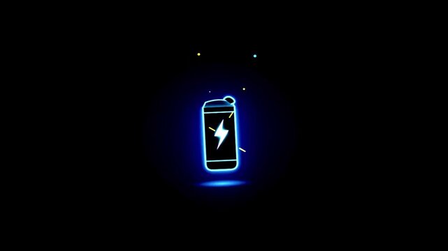 Glowing Neon Battery Animation with Lightning Bolt Against Dark Background