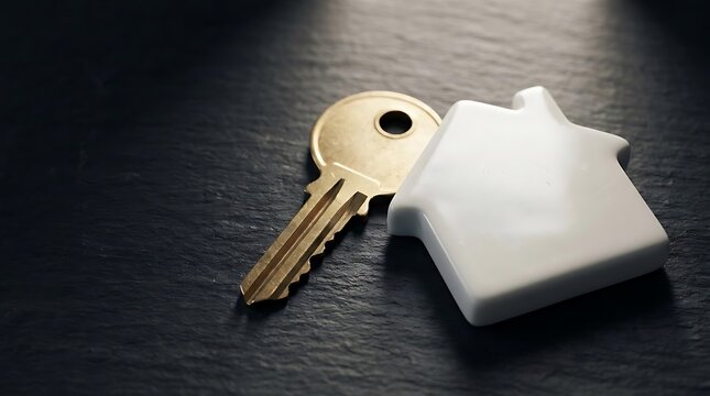 A close-up of a house-shaped keychain and a metallic house key representing the professional services of an agente immobiliare for property purchase
