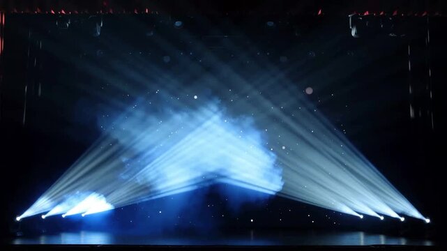 Blue spotlight loop live staging, illuminating Light bulbs for the stage. Light bulb background. Flashes, paparazzi. Stage with spot lighting, shining empty holiday show, award Ceremony advertising