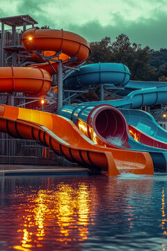 A water park with a water slide and a pool, great for summer fun or family outings. vertical frame