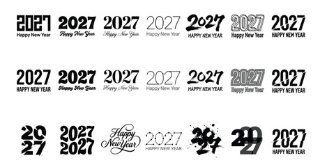 Obraz premium Happy New Year 2027 typography text design set, black and white 2027 number logo vector