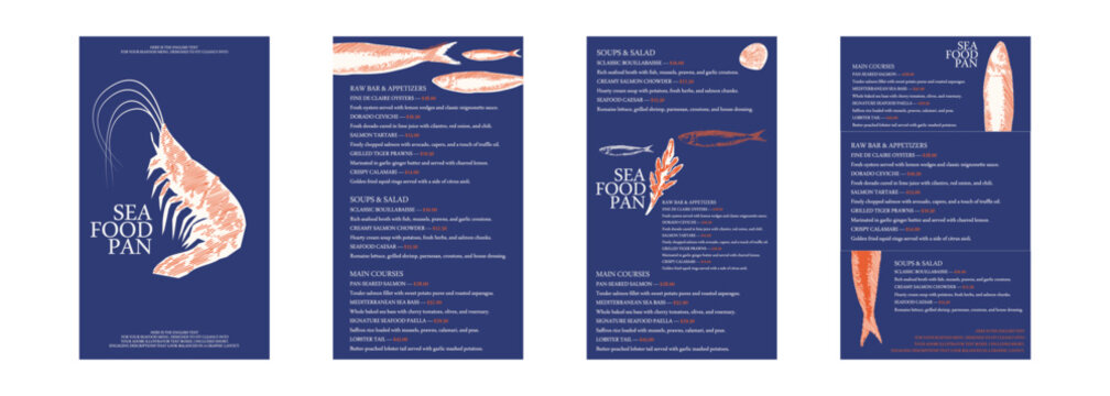 Restaurant menu Seafood template. Fish with shrimp illustration minimalist layout, anchovy Ocean sea fish cuisine card background branding design