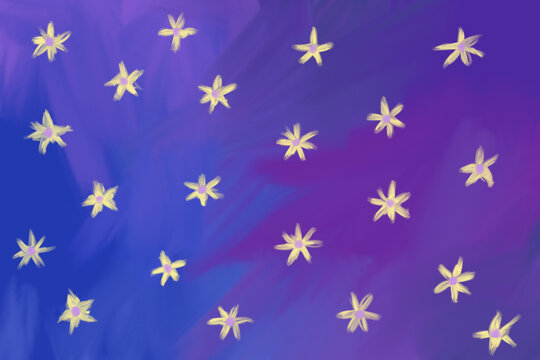 Deep purple and blue oil hand painted texture with yellow flowers elements. Artistic hand-drawn background