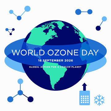 World Ozone Day vector illustration, Earth globe with protective atmosphere ring, global action for a cooler planet poster, 16 September 2026
