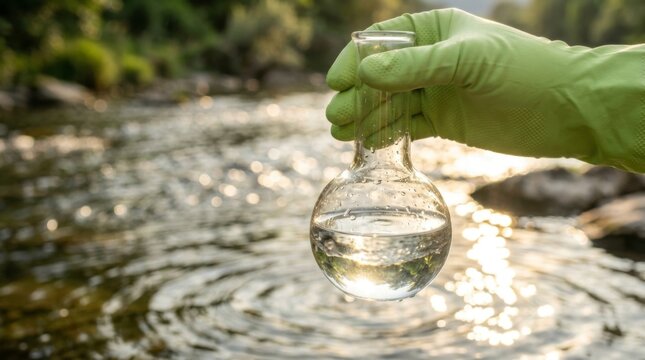 Scientist in green glove holding a flask with clear water sample from a river, symbolizing environmental research and water quality testing