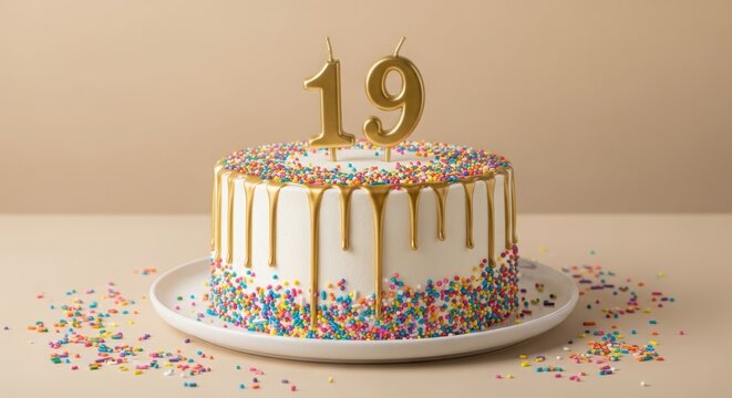 Delicious birthday cake with number nineteen candles and colorful sprinkles illustration