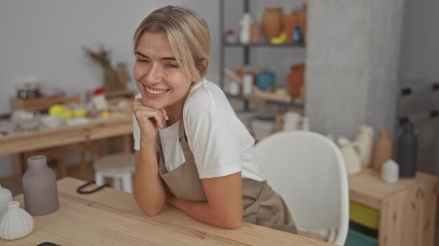 Woman leaning on wooden table, hand under chin, smiling beside pottery vases and apron in studio; serenity craft.
