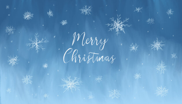 Winter blue watercolor texture with handwritten Merry Christmas lettering and white snowflakes. New Year background