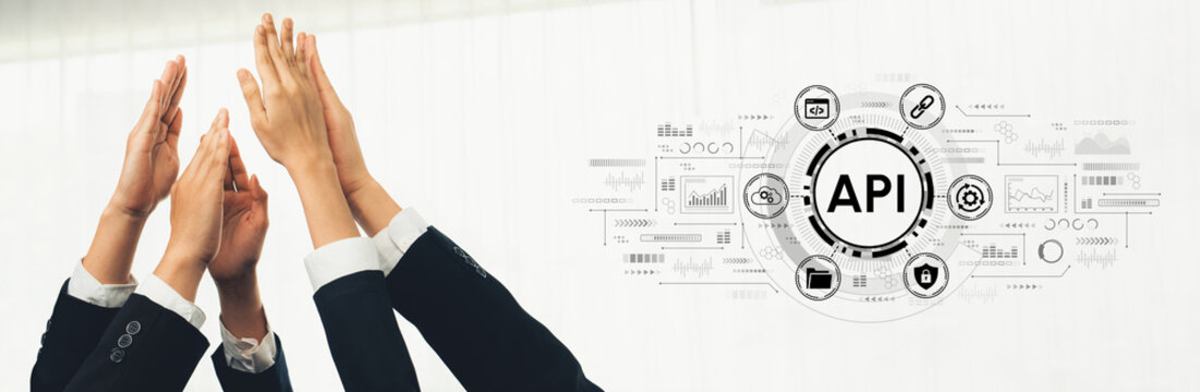 Team Collaboration and Success Visualized through Hands Raised with API Icons Representing Technology and Innovation in Business Development and Growth. Entropy.