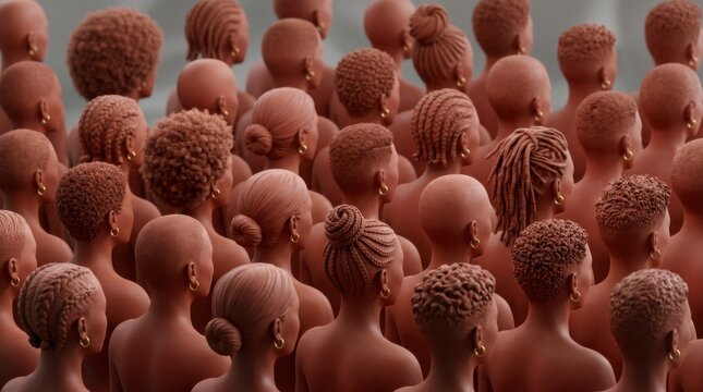 Diverse group of stylized brown figures seen from behind, showcasing various hairstyles and textures, representing a crowd or community, concept of diversity and inclusion