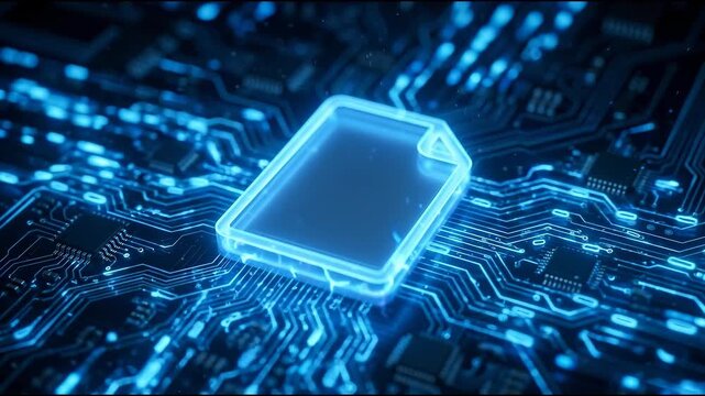 Digital document icon glowing on a futuristic blue circuit board, representing data processing and secure information storage