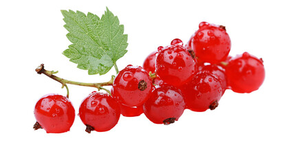 Isolated fresh red currants on a branch with green leaf and water drops, delicious ripe berries © David
