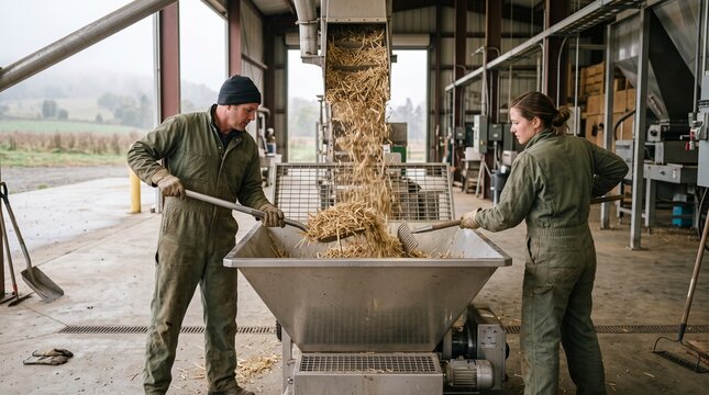 Workers load crop residue for biogas production