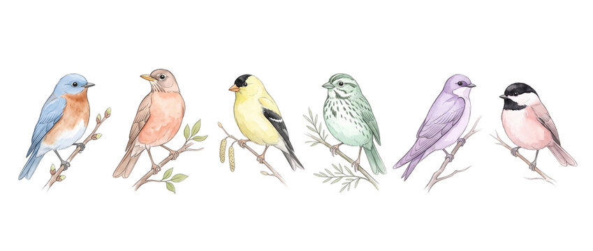 Watercolor songbirds set perched branch illustration isolated on black background, featuring colorful bluebird robin goldfinch chickadee for nature art design project print graphic background.