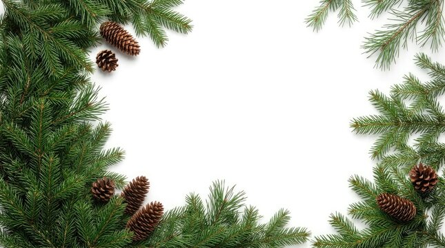 Evergreen boughs and pinecones create a natural frame with a white background