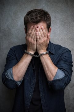 Depressed handcuffed man covering his face expressing fear shame and emotional distress against gray background