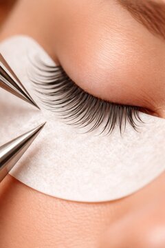 Professional eyelash extension application with precise lash placement and beauty treatment closeup view