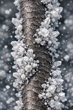 Macro view of hair strand covered with crystal buildup showing texture and mineral accumulation detail