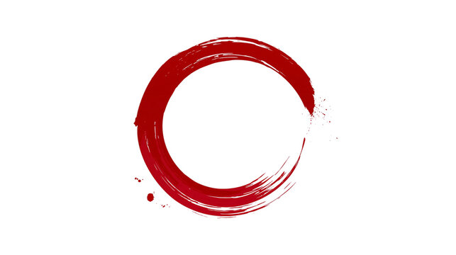 Isolated expressive red brush stroke circle or ensō with organic splatters and bold white text