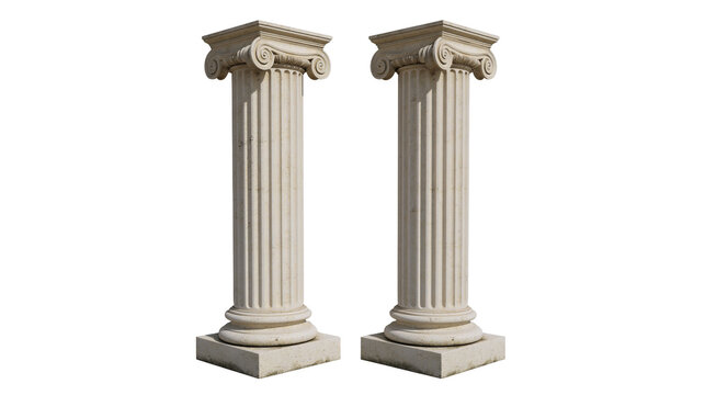 Isolated pair of classic stone Ionic columns, elegant ancient architectural elements