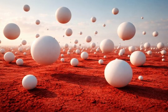 Abstract white spheres floating above cracked red landscape creating surreal minimalist geometric background