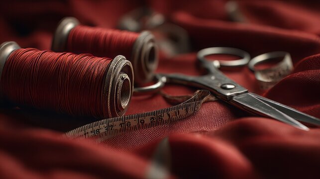 Vintage sewing tools on red silk fabric, antique tailor scissors with thread spools, professional dressmaker equipment for fashion design