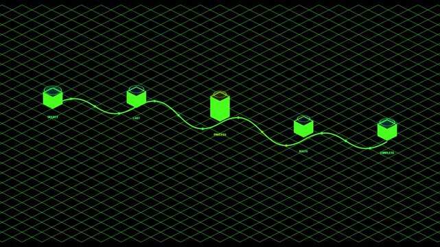 Isometric digital workflow process diagram with five green cube nodes connected by a flowing line on a dark grid background
