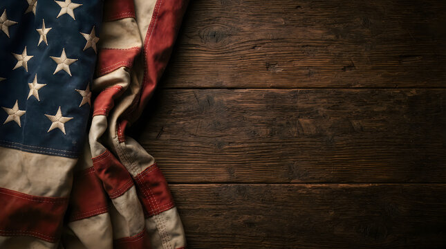 American flag draped over a rustic dark wooden table background